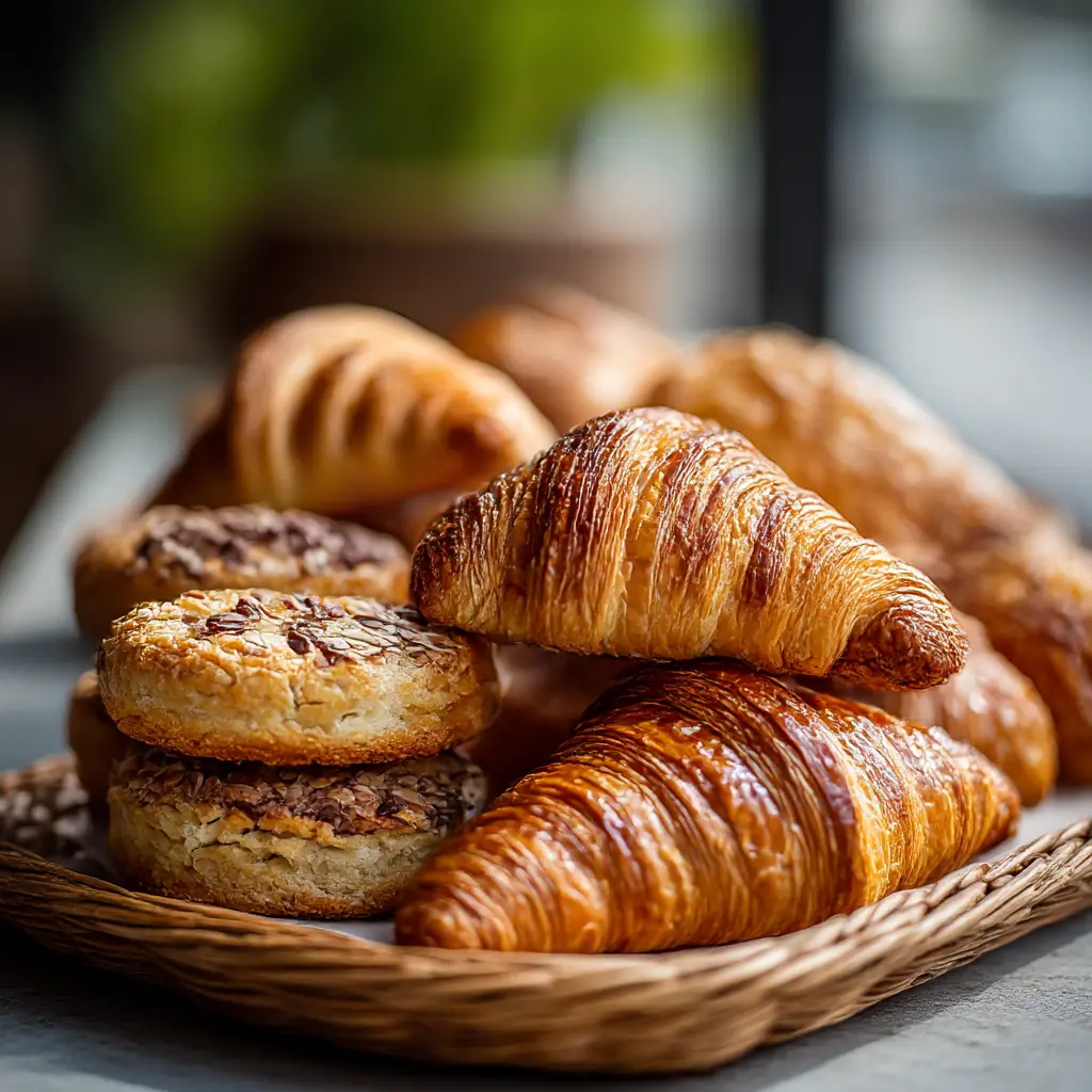 Fresh croissants and seeded rolls in a wicker basket