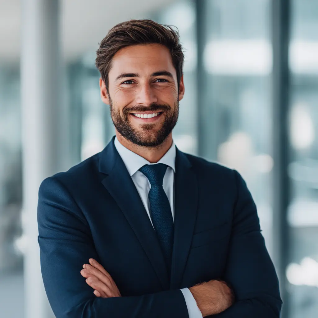 Professional man with styled hair and beard in navy suit