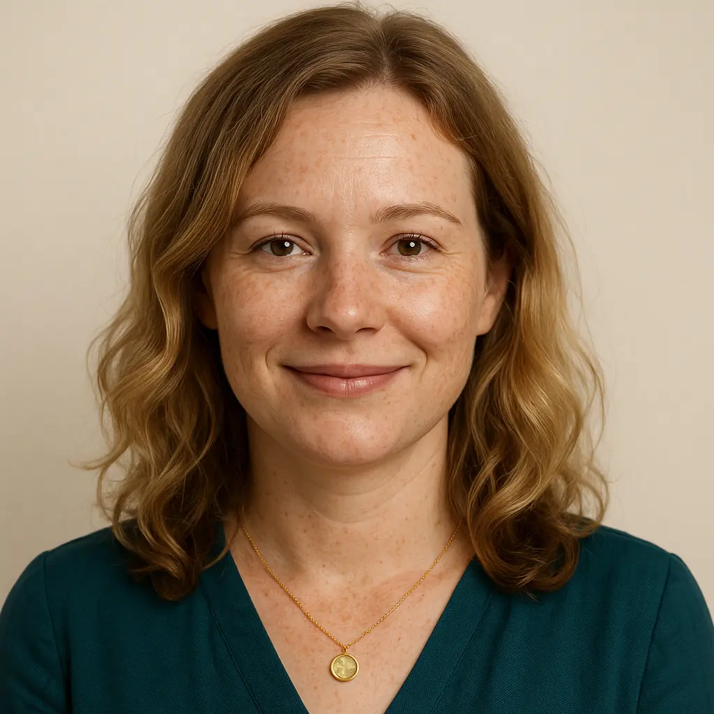 Smiling white woman with wavy light brown hair