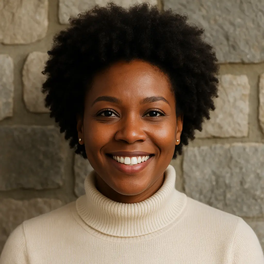 Smiling black woman wearing cream turtleneck