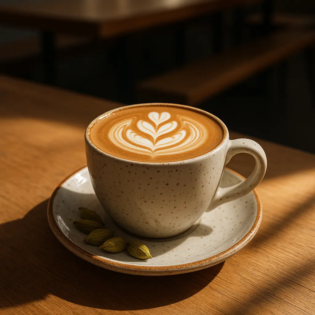 Latte with detailed art in a ceramic cup