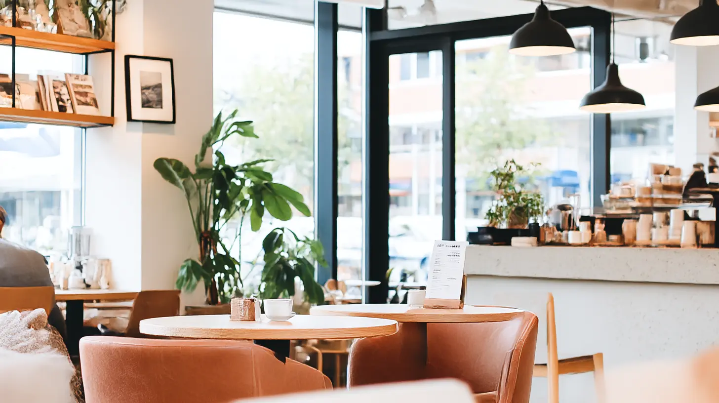 Modern cafe interior with comfortable seating and natural light